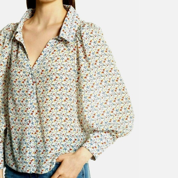 Alice+Olivia Salome Pure Silk Martini Baloon Sleeves Relaxed Button Shirt Blouse